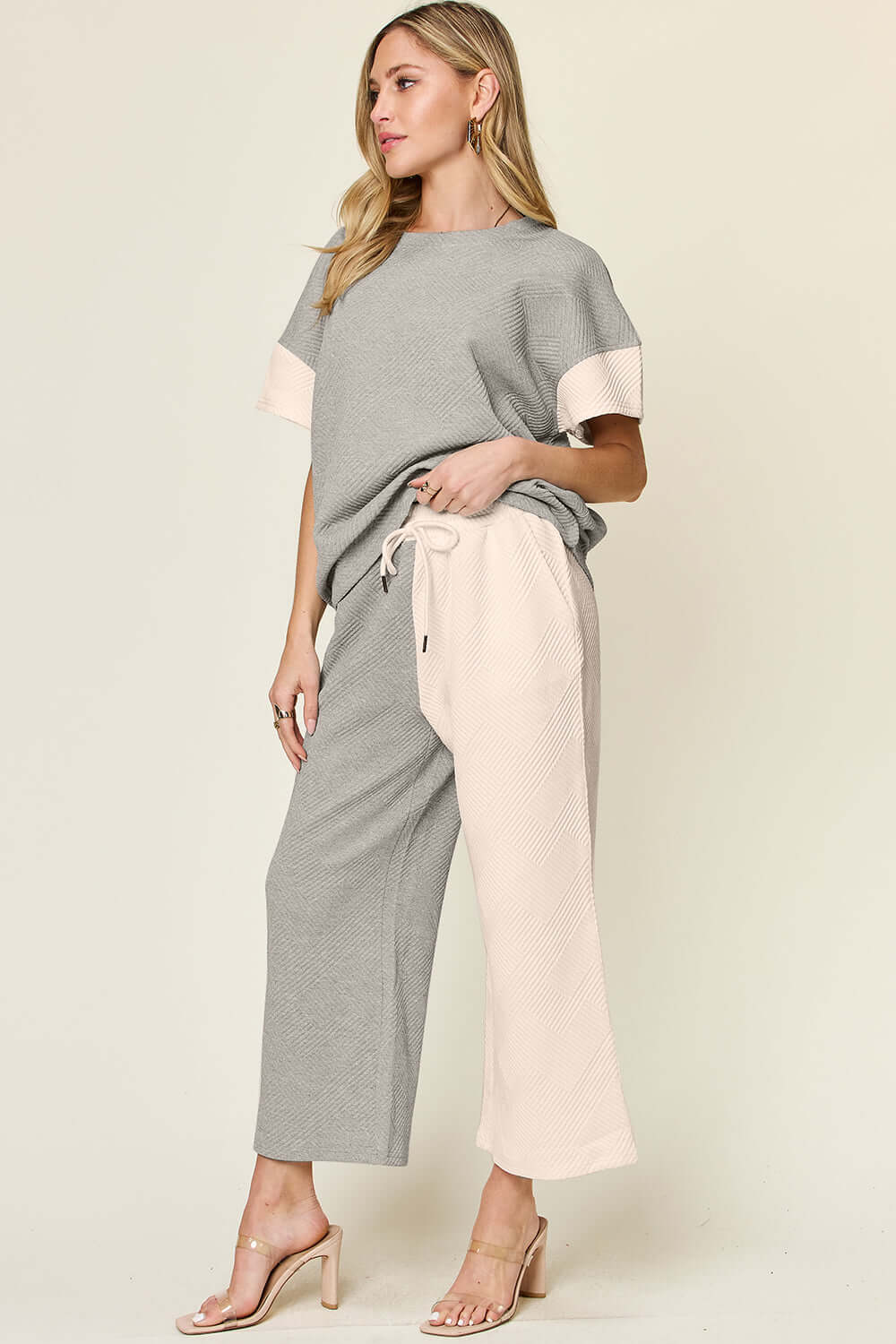 DOUBLE TAKE Full Size Texture Contrast T-Shirt and Wide Leg Pants Set at Bella Road