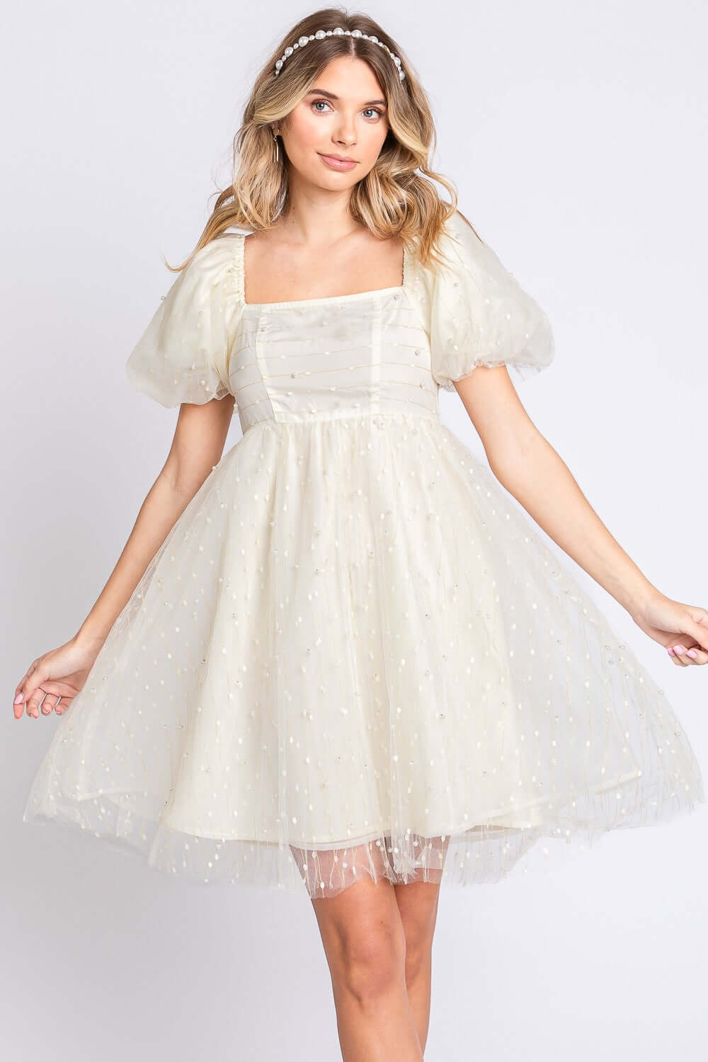 GEEGEE Pearl Mesh Puff Sleeve Babydoll Dress at Bella Road