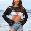 Distressed Boat Neck Long Sleeve Cover Up - Black