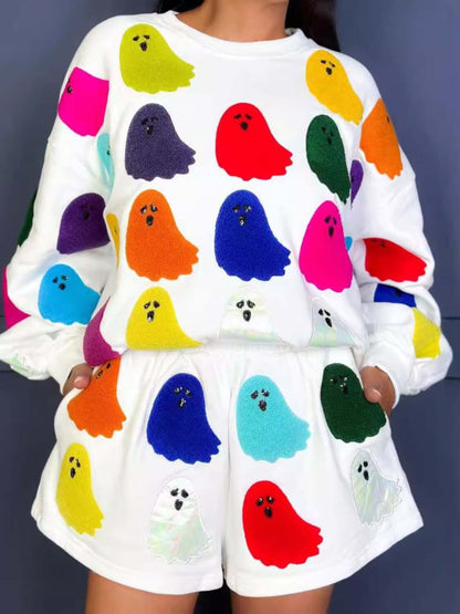 Multicolor ghost print round neck long sleeve top and shorts set for a quirky casual look.