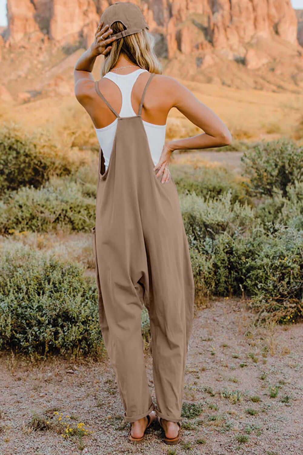 DOUBLE TAKE Full Size V-Neck Sleeveless Jumpsuit with Pockets at Bella Road