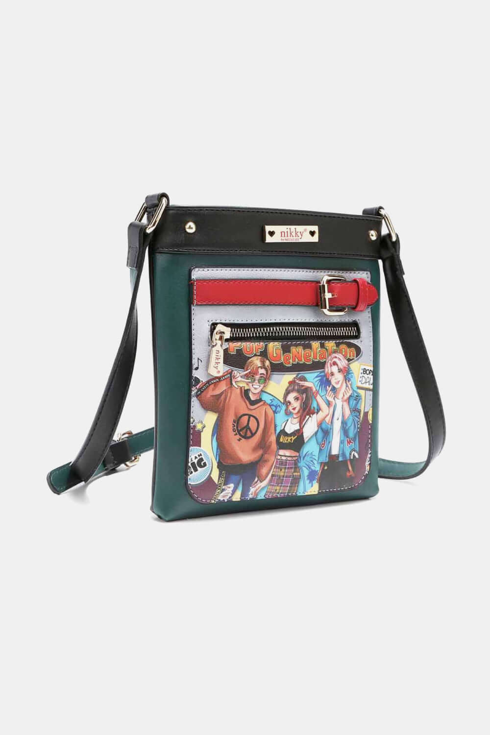 Nicole Lee USA Nikky Crossbody Bag with colorful front design, secure main zipper, and eco-leather finish