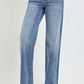 High rise straight leg jeans with pockets in blue, featuring a classic and stylish look, model wearing heels for a fashion-forward style.