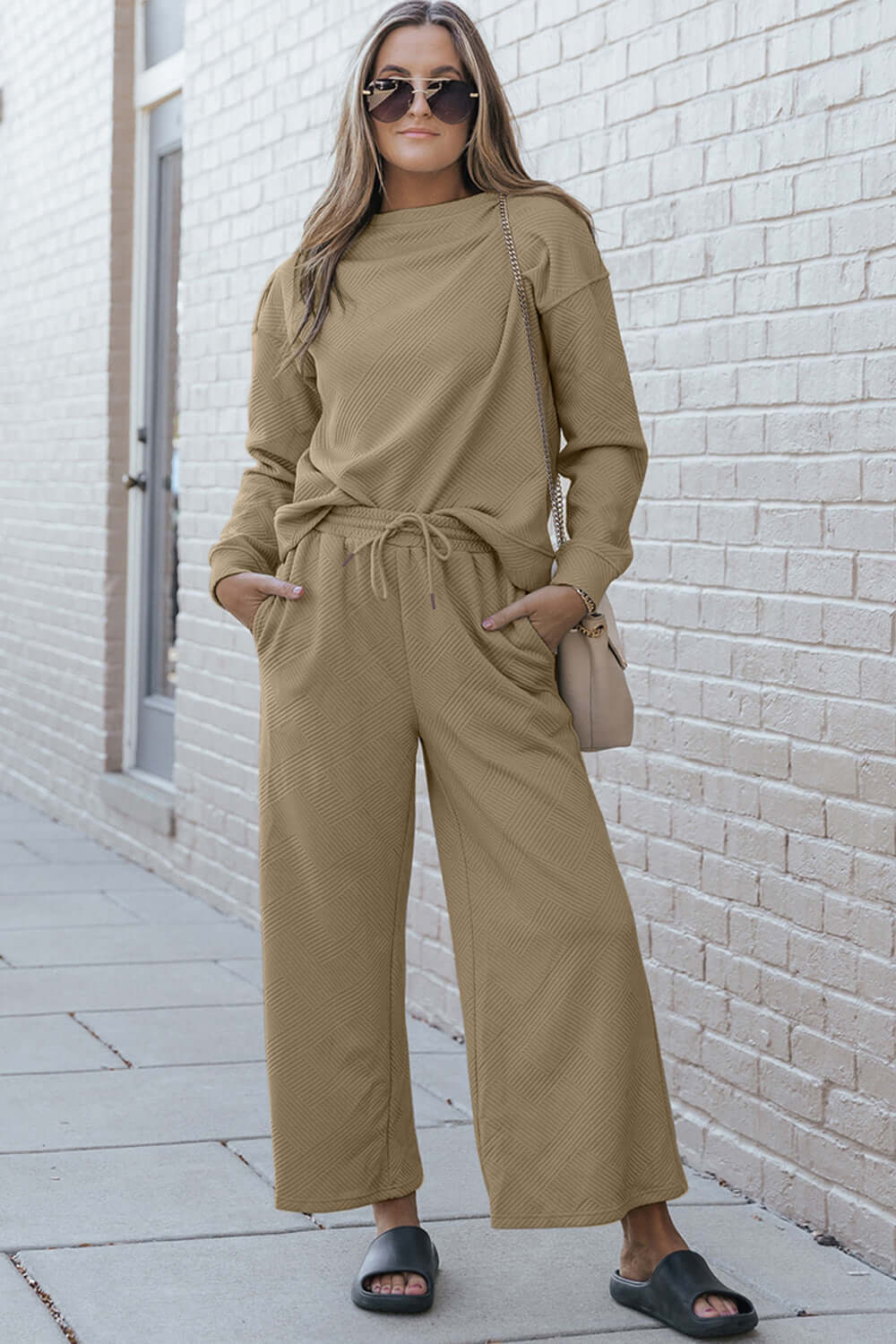 DOUBLE TAKE Full Size Textured Long Sleeve Top and Drawstring Pants Set at Bella Road