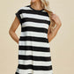 Woman wearing Basic Bae Full Size Striped Round Neck Cap Sleeve Mini Dress in black and white stripes.