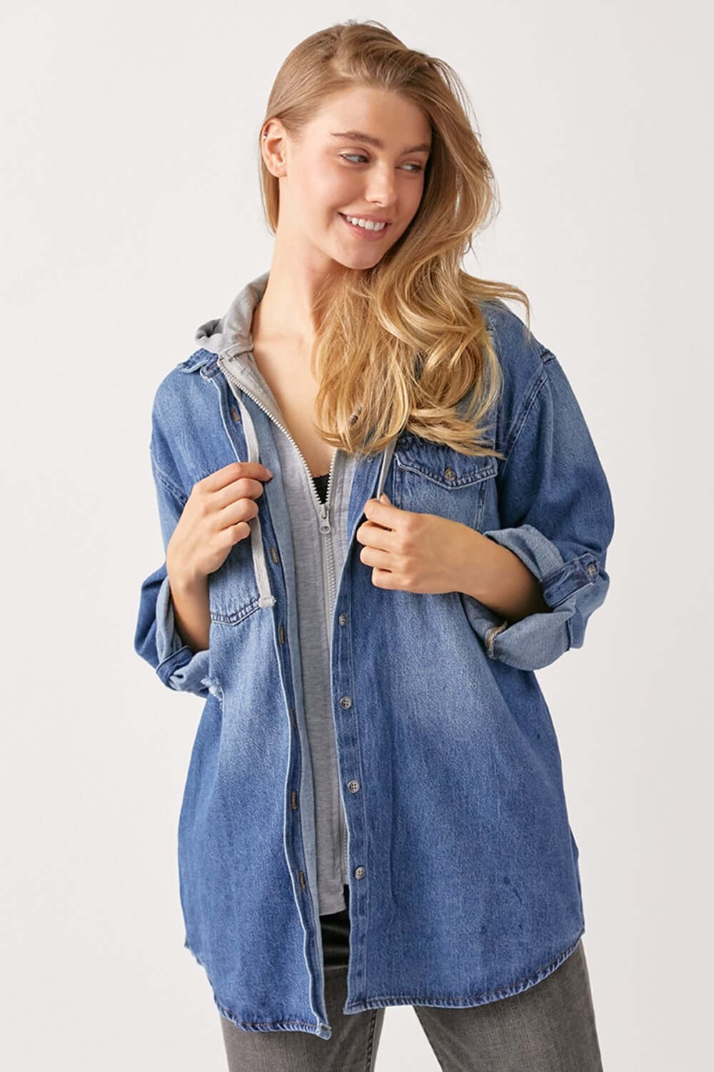 Casual oversized zip up hooded denim shirt from Risen Jeans styled for all seasons, featuring washed look and slight stretch, 100% cotton.