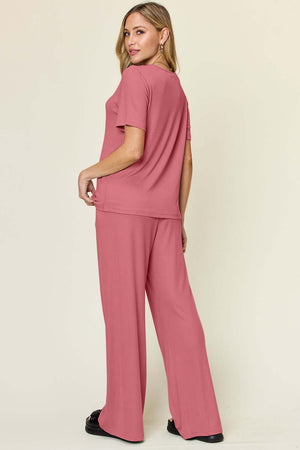 DOUBLE TAKE Full Size Round Neck Short Sleeve T-Shirt and Wide Leg Pants Set at Bella Road