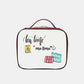 Nicole Lee USA printed handbag with "Tea Time Me Time" graphic and illustrations of tea bags and mug.