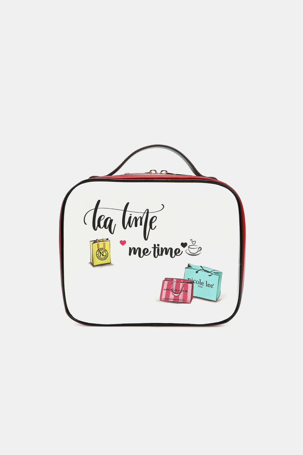 Nicole Lee USA printed handbag with "Tea Time Me Time" graphic and illustrations of tea bags and mug.