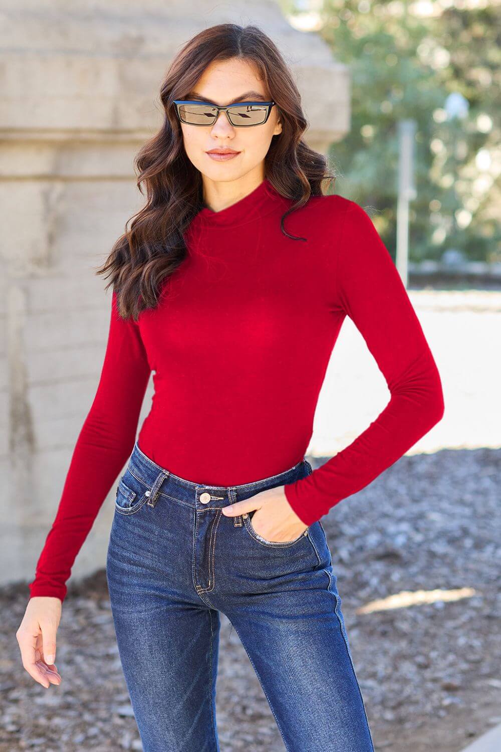 BASIC BAE Full Size Mock Neck Long Sleeve Bodysuit at Bella Road