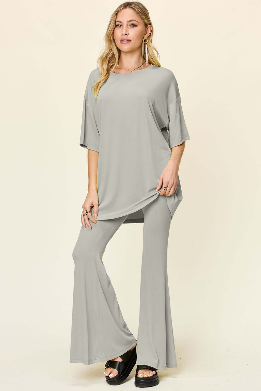 DOUBLE TAKE Full Size Round Neck Drop Shoulder T-Shirt and Flare Pants Set at Bella Road