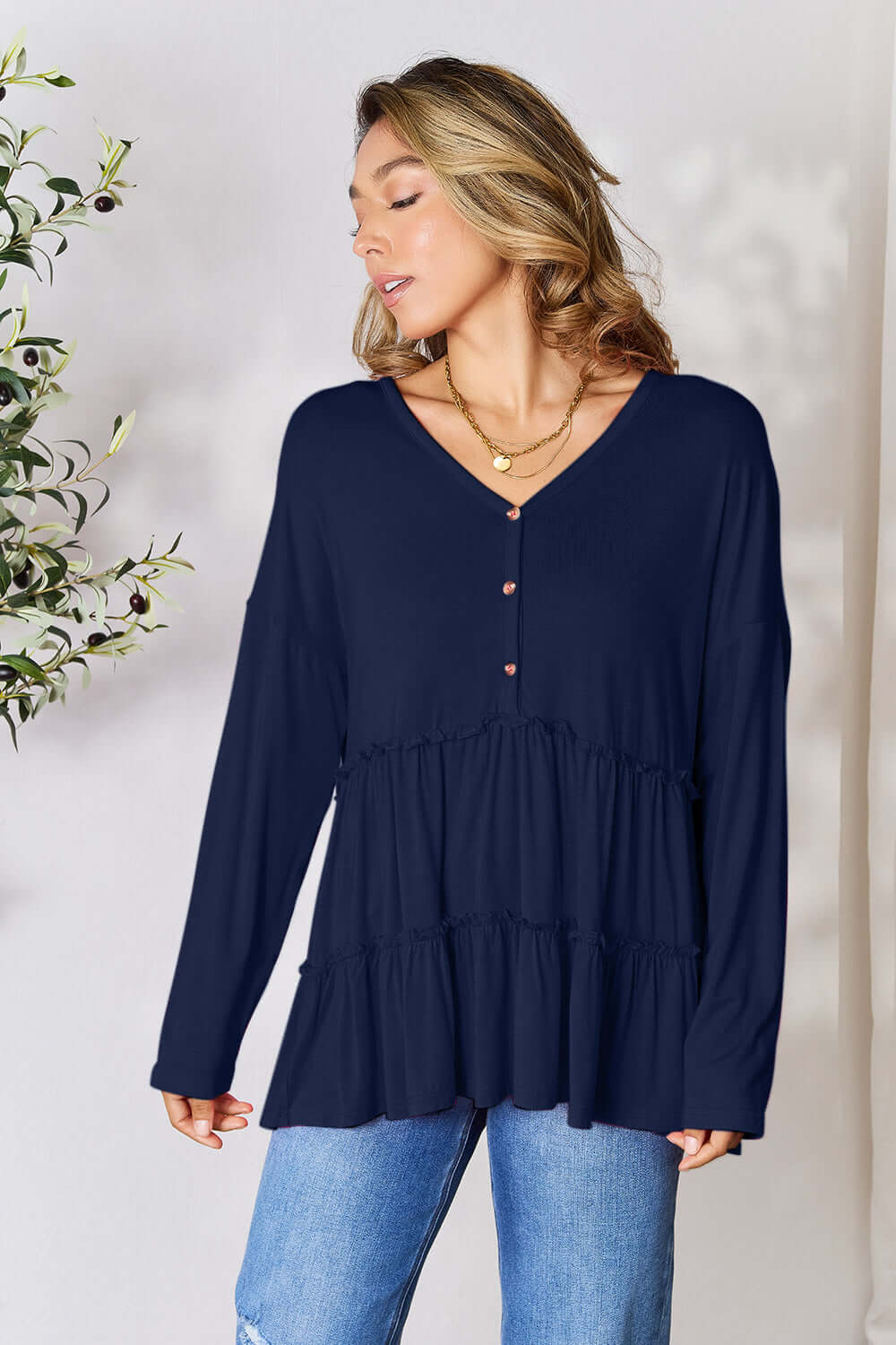 DOUBLE TAKE Half Button Long Sleeve Ruffle Hem Blouse at Bella Road