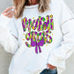 Fun white sweatshirt with colorful "Mardi Gras" design and bow, perfect for festive celebrations and cozy wear.