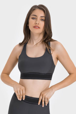 Millennia Contrast Sports Bra in sleek gray, perfect for yoga and workouts, showcasing style and support.