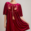 Umgee Embroidered Half Sleeve Velvet Mini Dress with Tassel - Burgundy