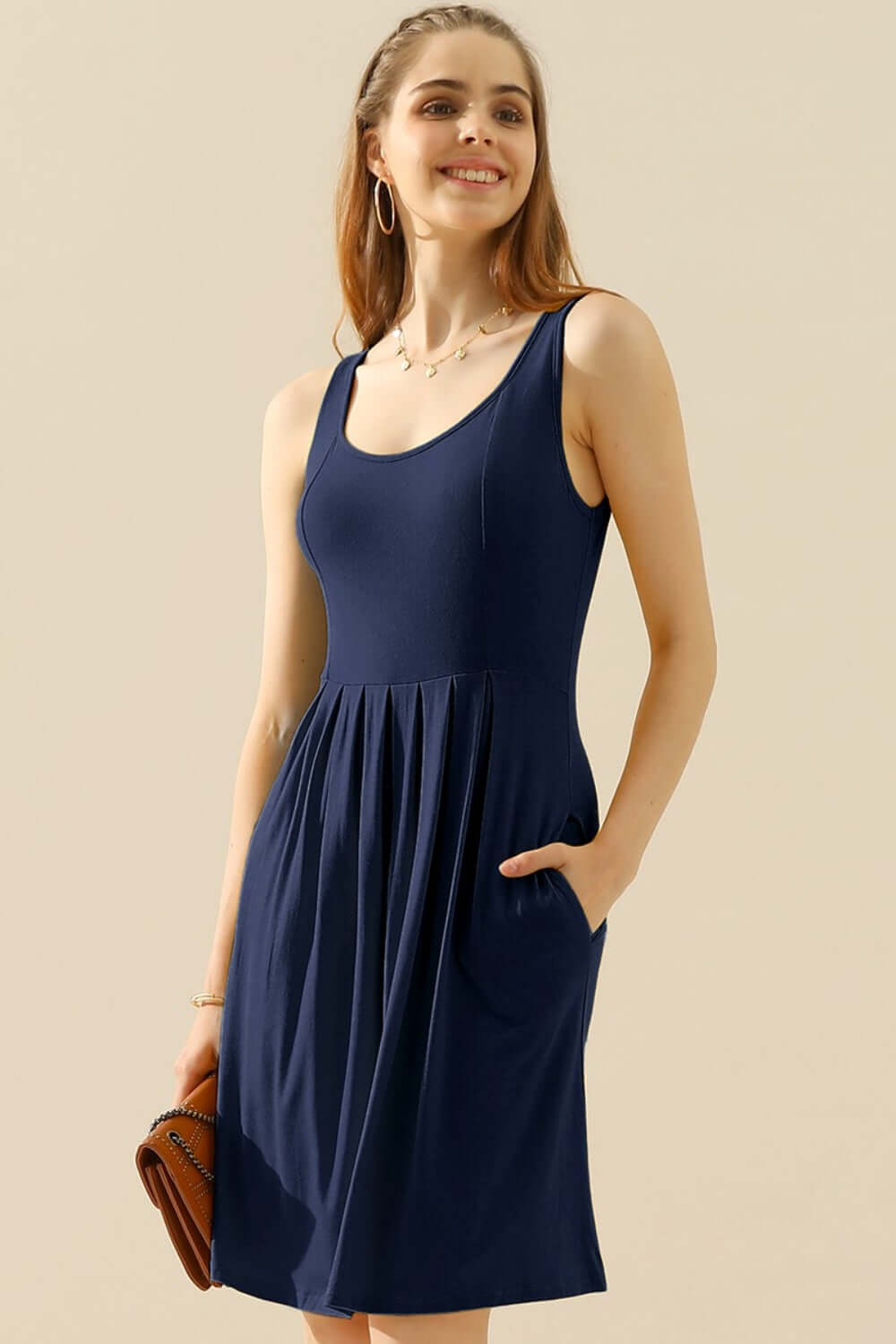 DOUBLJU Full Size Round Neck Ruched Sleeveless Dress with Pockets at Bella Road