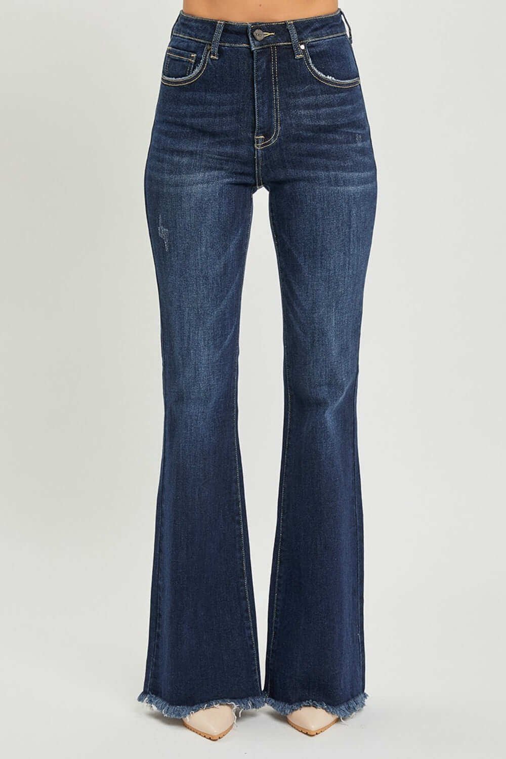 High Waist Raw Hem Flare Jeans by Risen, trendy high-rise denim with a retro-inspired flare leg and unique raw hem detailing.