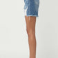 High Waisted Distressed Denim Shorts side view showcasing distressed details and flattering high waist by Risen Jeans.