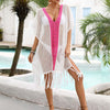 Contrast Fringe Trim Openwork Cover-Up Dress - White/Rose Pink