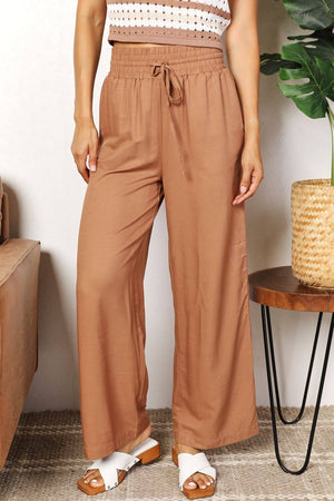 DOUBLE TAKE Drawstring Smocked Waist Wide Leg Pants at Bella Road