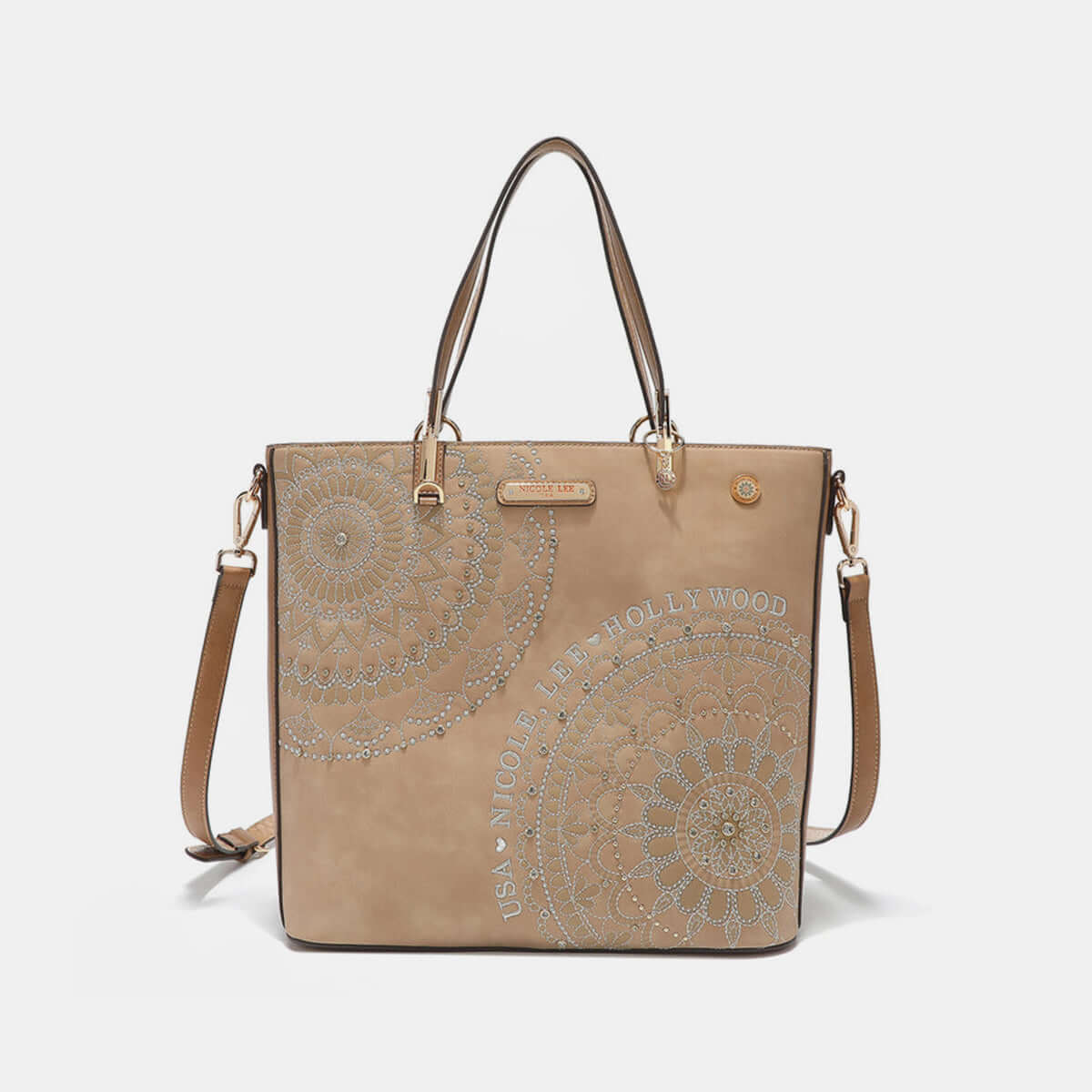 Nicole Lee USA Metallic Stitching Embroidery Inlaid Rhinestone Tote Bag in Vegan Leather with Dual Straps and Front Designs