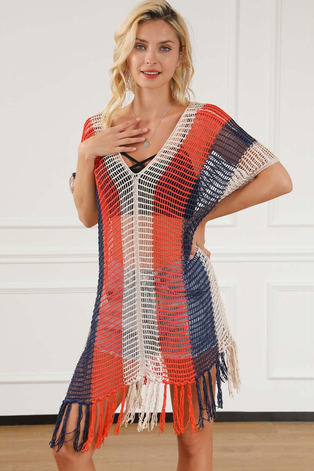 BELLA ROAD Tassel Color Block V-Neck Cover Up at Bella Road