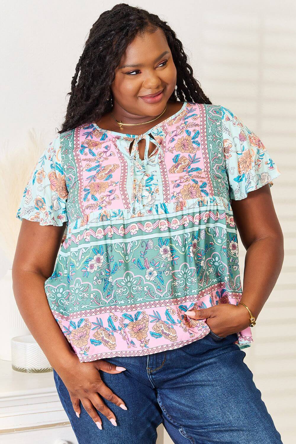 DOUBLE TAKE Floral Tie Neck Short Sleeve Blouse at Bella Road