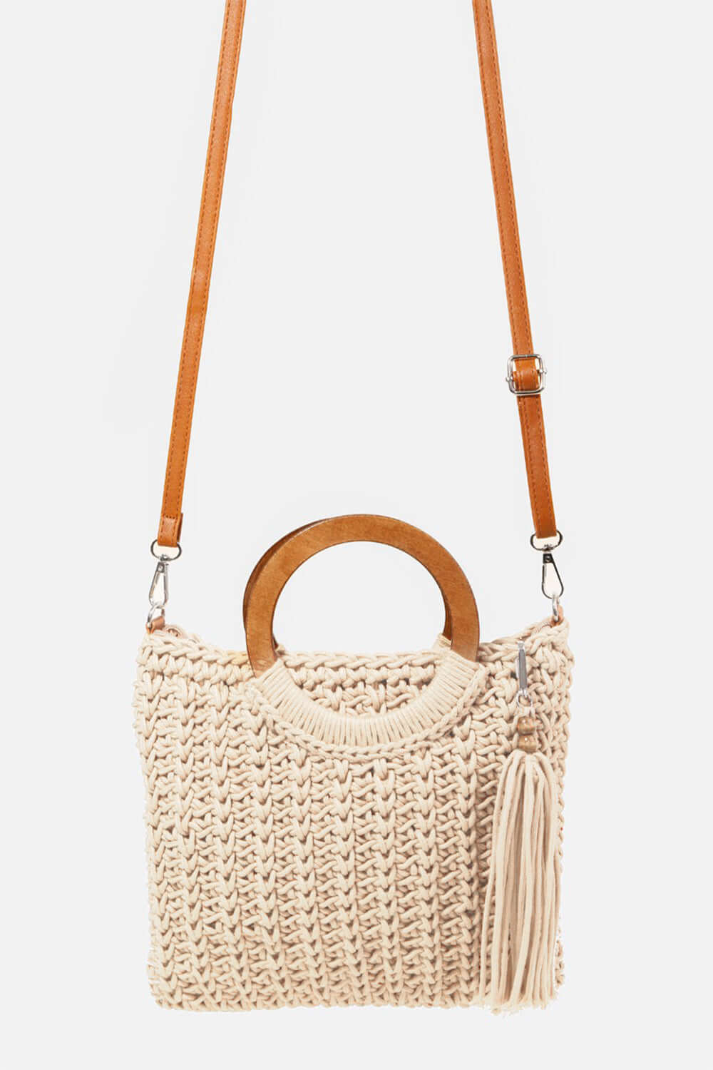 FAME Crochet Knit Convertible Tote Bag with Tassel at Bella Road