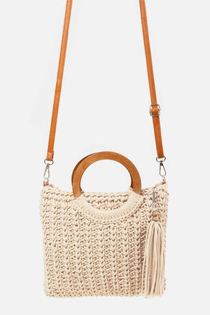 FAME Crochet Knit Convertible Tote Bag with Tassel at Bella Road