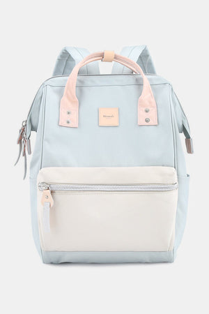 Light blue Himawari water-resistant canvas backpack with pink handles and side pockets, perfect for stylish adventures.