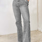 Grey high waist slim flare jeans for women, cinching the waist and elongating the legs with a flattering silhouette. Perfect for stylish versatility.