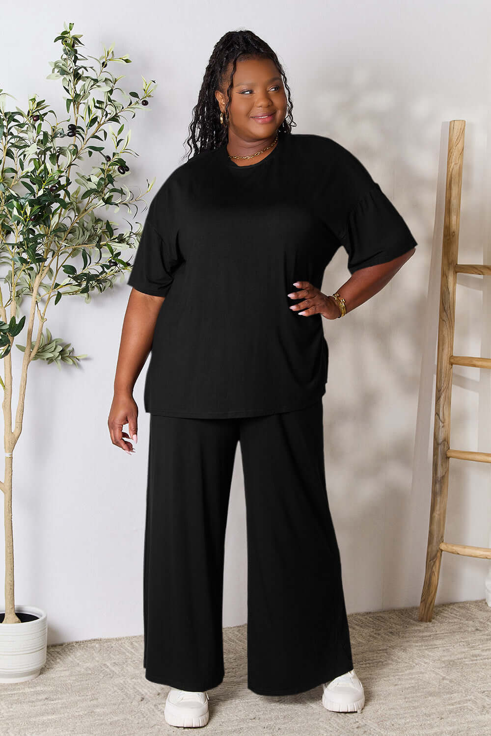 DOUBLE TAKE Full Size Round Neck Slit Top and Pants Set at Bella Road