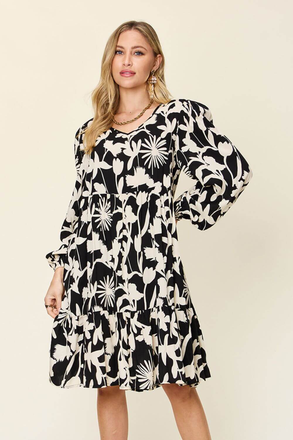 DOUBLE TAKE Full Size Printed Ruffle Hem Long Sleeve Dress at Bella Road