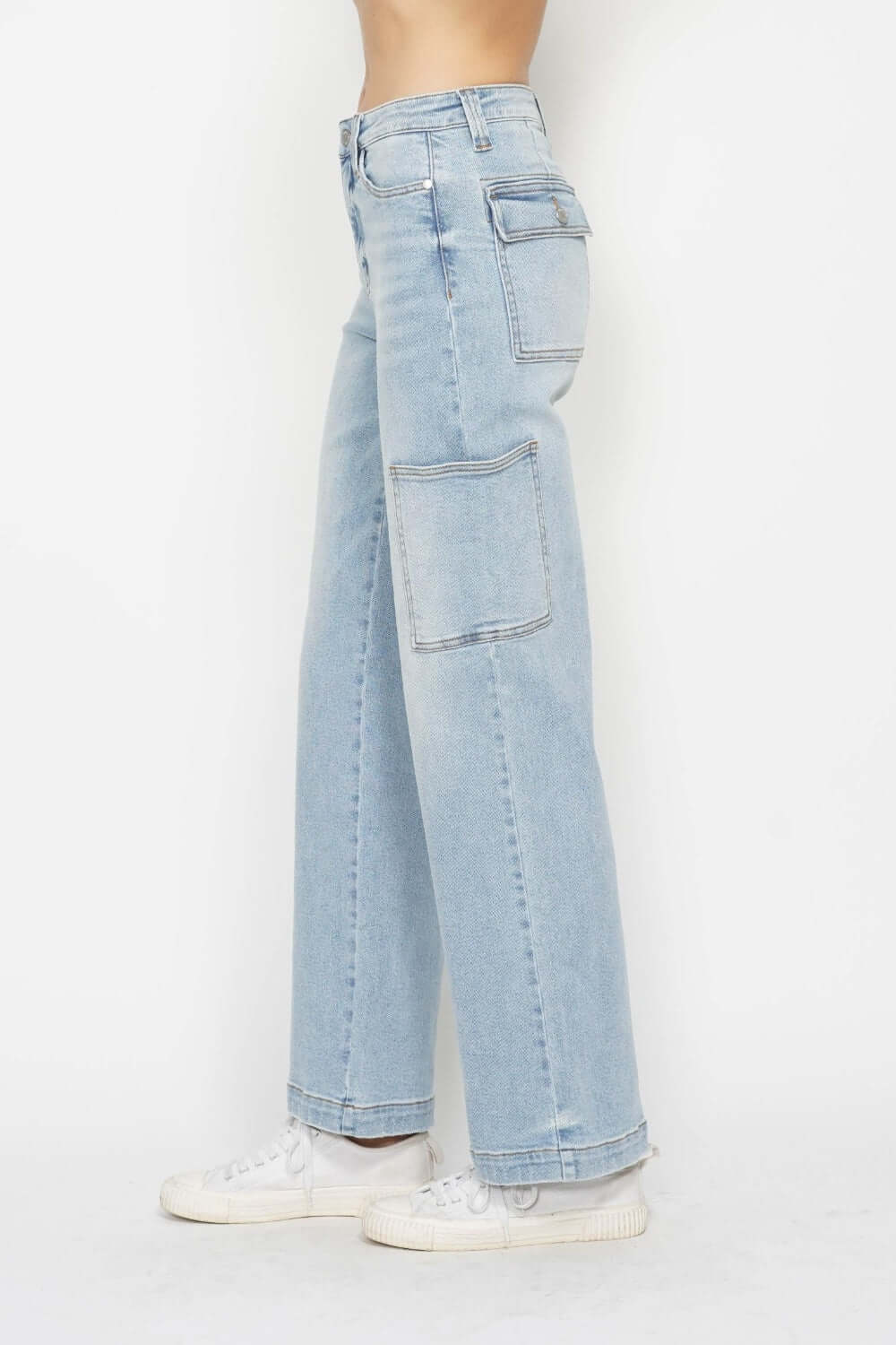 High waist straight cargo jeans by Judy Blue Jeans featuring multiple pockets and a flattering straight leg silhouette.