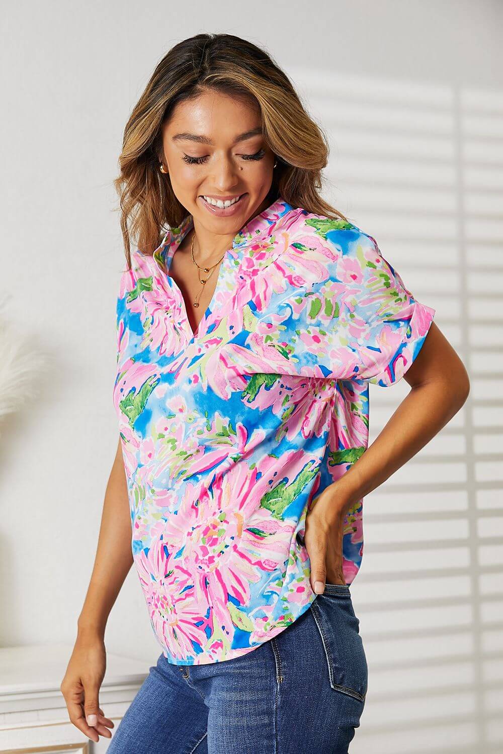 DOUBLE TAKE Floral Notched Neck Short Sleeve Top at Bella Road