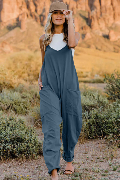 DOUBLE TAKE Full Size V-Neck Sleeveless Jumpsuit with Pockets at Bella Road