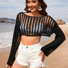 Openwork Boat Neck Long Sleeve Cover-Up - Black