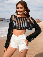 BELLA ROAD Openwork Boat Neck Long Sleeve Cover-Up at Bella Road