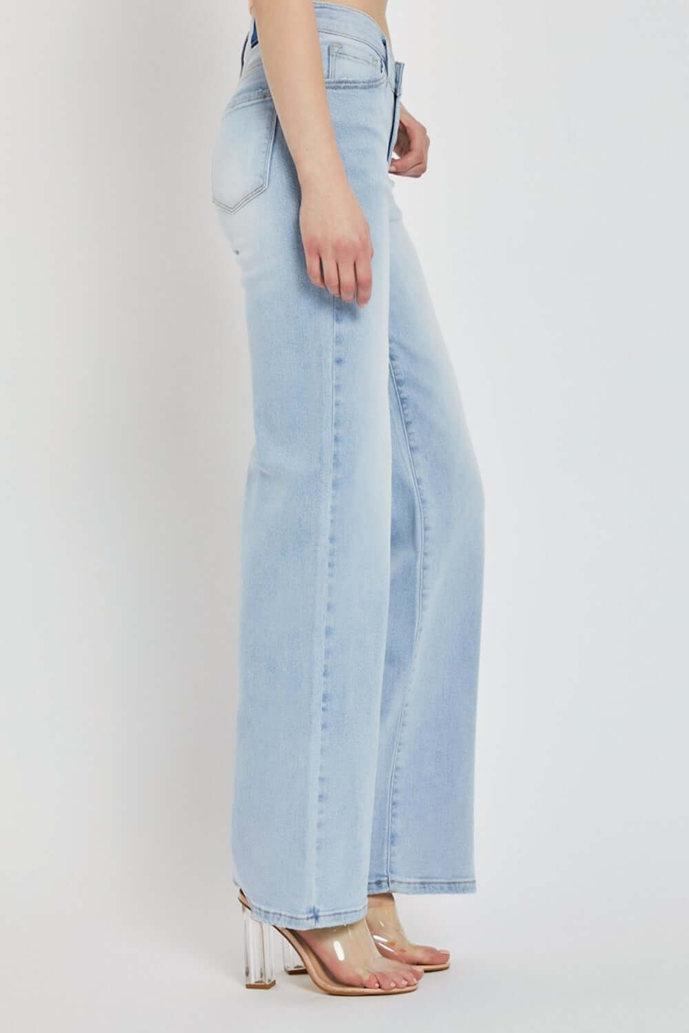 RISEN Full Size Wide Leg V Dipped Front Waist Jeans featuring a unique V-dipped front waist and flattering wide-leg silhouette.