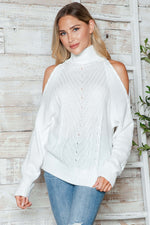 Cozy chic with Bella Road Cable-Knit Cold Shoulder Sweater in white, perfect for a stylish fall statement.