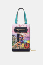 Nicole Lee USA small crossbody wallet with removable strap, colorful Paris-themed design, and multiple interior card slots