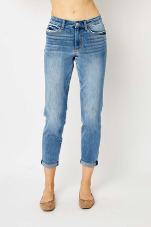 Cuffed Hem Slim Judy Blue Jeans Full Size displayed on a model, showcasing low waist and flattering fit for versatile style