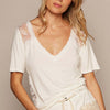 V-Neck Short Sleeve Lace Trim Top - Off White