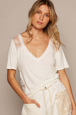 POL V-Neck Short Sleeve Lace Trim Top at Bella Road