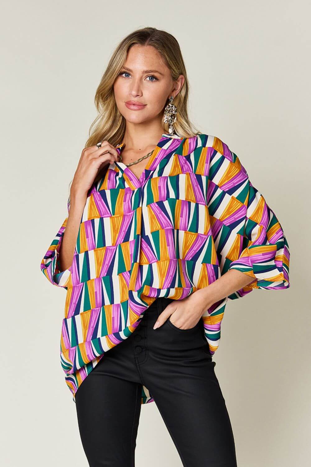 DOUBLE TAKE Full Size Geometric Notched Raglan Sleeve Blouse at Bella Road