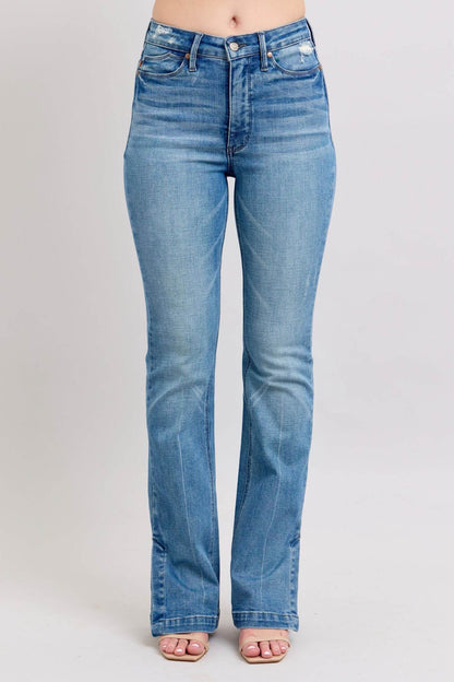 Judy Blue high waist tummy control vintage wash slim bootcut jeans with side slits, perfect for a stylish silhouette.