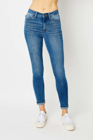 Cuffed Hem Low Waist Skinny Jeans Full Size by Judy Blue Jeans showcasing a trendy and sleek denim style.