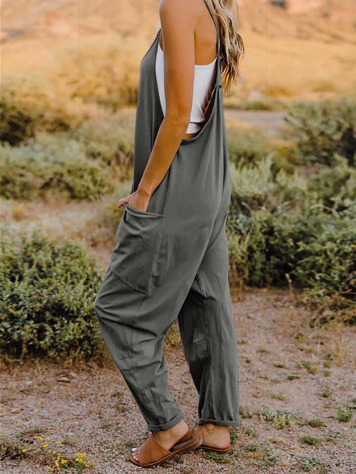 DOUBLE TAKE Full Size Sleeveless V-Neck Pocketed Jumpsuit at Bella Road