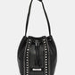 Nicole Lee USA Amy Studded Bucket Bag in black vegan leather with stud and zipper detailing, secure drawstring, and snap button closure.