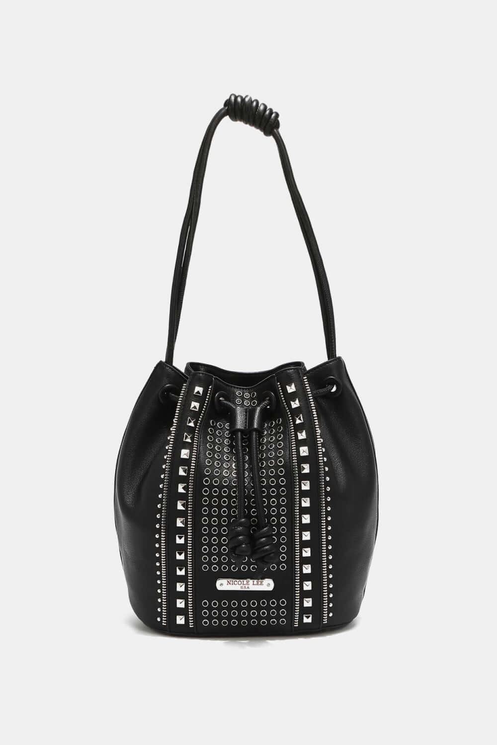 Nicole Lee USA Amy Studded Bucket Bag in black vegan leather with stud and zipper detailing, secure drawstring, and snap button closure.